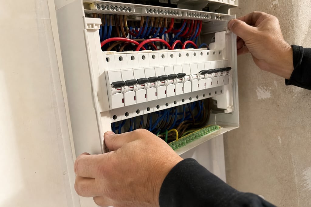 disjoncteurs neufs alignés dans tableau