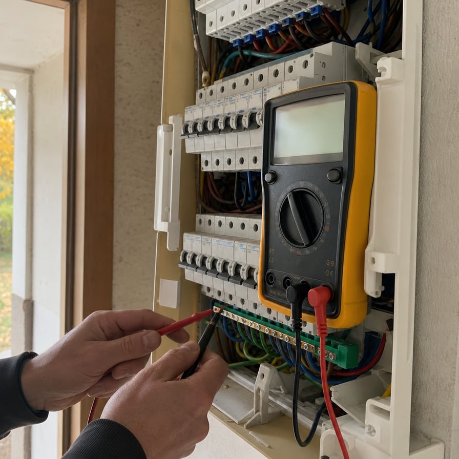 multimètre posé sur tableau électrique proche