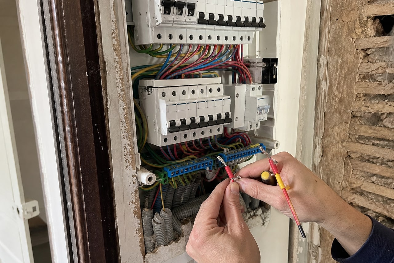 gros plan sur câbles et borniers du tableau